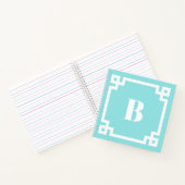 Aqua Blue Square Greek Key Border Monogram ノートブック (内部)
