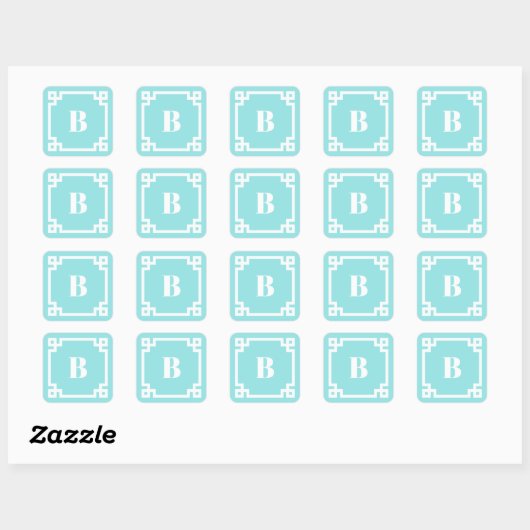 Aqua Blue Square Greek Key Border Monogrammed スクエアシール (シート)