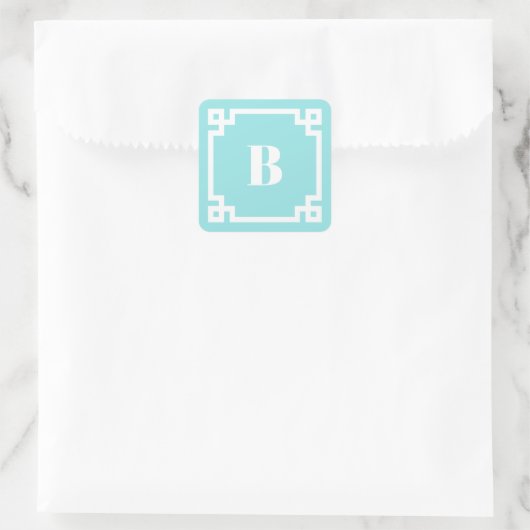Aqua Blue Square Greek Key Border Monogrammed スクエアシール (バッグ)