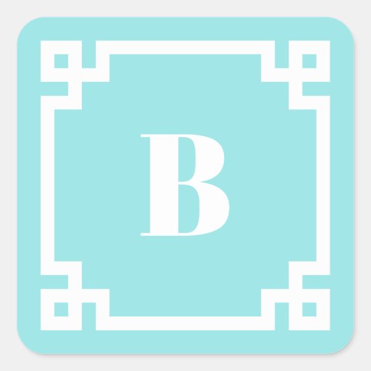 Aqua Blue Square Greek Key Border Monogrammed スクエアシール (正面)