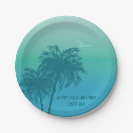 Aqua Blue Tropical Palm Trees Happy Birthday ペーパープレート