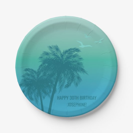 Aqua Blue Tropical Palm Trees Happy Birthday ペーパープレート (正面)