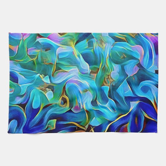 Aqua Blue Turquoise Abstract Art Kitchen Towel キッチンタオル (横)