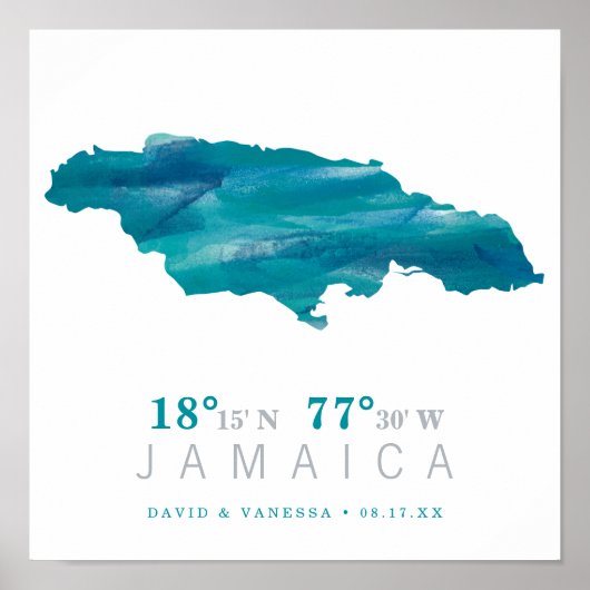 Aqua Blue Watercolor JAMAICA Map Coordinates ポスター (正面)