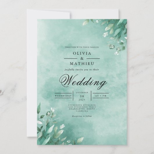 Aqua Botanical Leaf Elegance Wedding 招待状 (正面)