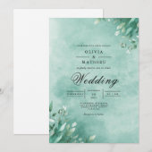 Aqua Botanical Leaf Elegance Wedding 招待状 (正面/裏面)