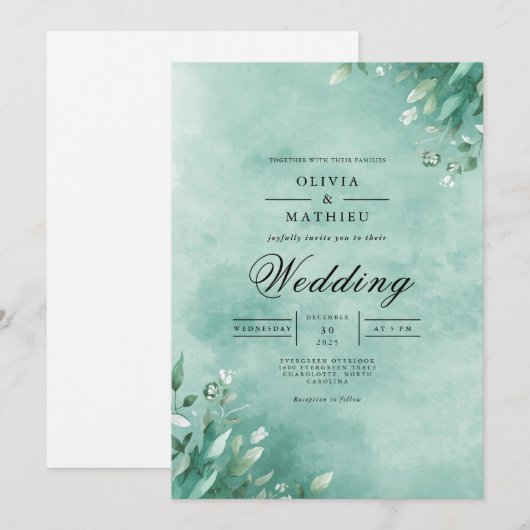Aqua Botanical Leaf Elegance Wedding 招待状 (正面/裏面)