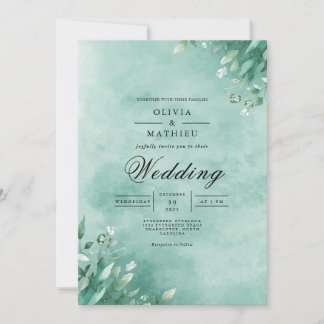 Aqua Botanical Leaf Elegance Wedding 招待状