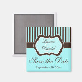 Aqua、Brown、White ストライプの Save the Date Magnet マグネット (正面/裏面)