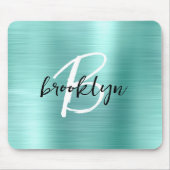 Aqua Brushed Metal Black White Script Monogram マウスパッド (正面)