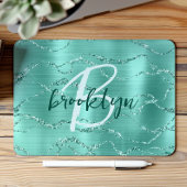 Aqua Brushed Metal Glitter Script Monogram  マウスパッド