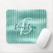Aqua Brushed Metal Stripes Script Monogram  マウスパッド (マウス)