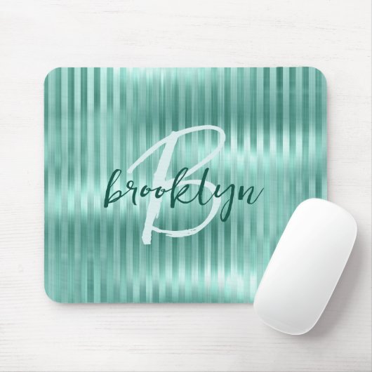 Aqua Brushed Metal Stripes Script Monogram マウスパッド (マウス)