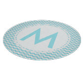 Aqua Chevron Monogram Glass Cutting Board 12" カッティングボード (角)