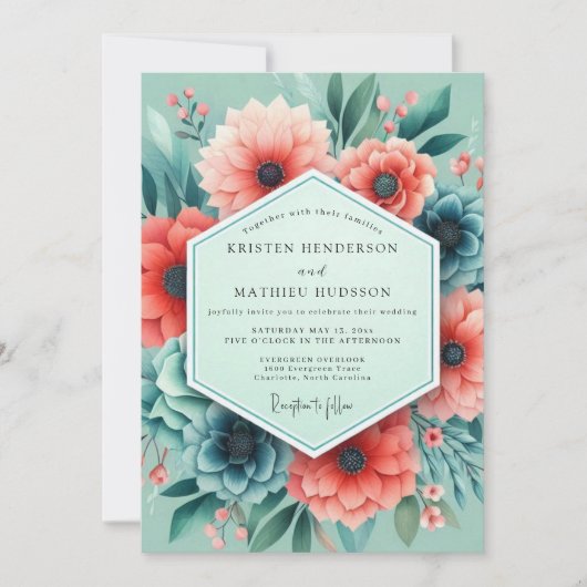 Aqua Coral Artistic Bloom Wedding 招待状 (正面)