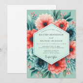 Aqua Coral Artistic Bloom Wedding 招待状 (正面/裏面)