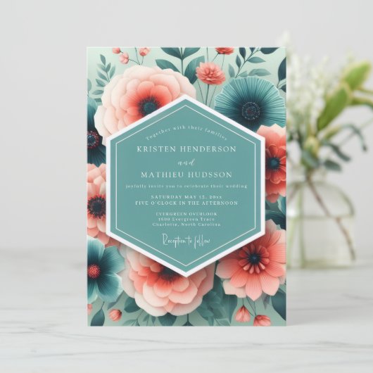Aqua Coral Painted Bloom Wedding 招待状 (スタンド正面)