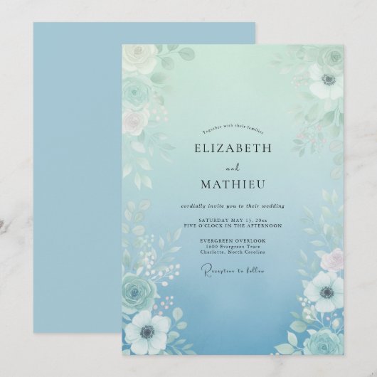 Aqua Ethereal Botanical Wedding 招待状 (正面/裏面)
