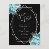 Aqua Floral Silver Geo Frame Black Save the Date ポストカード (正面)