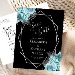 Aqua Floral Silver Geo Frame Black Save the Date ポストカード