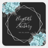 Aqua Floral Silver Geometric Black Wedding スクエアシール (正面)