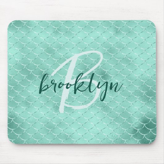 Aqua Foil Mermaid Fish Scales Script Monogram  マウスパッド (正面)