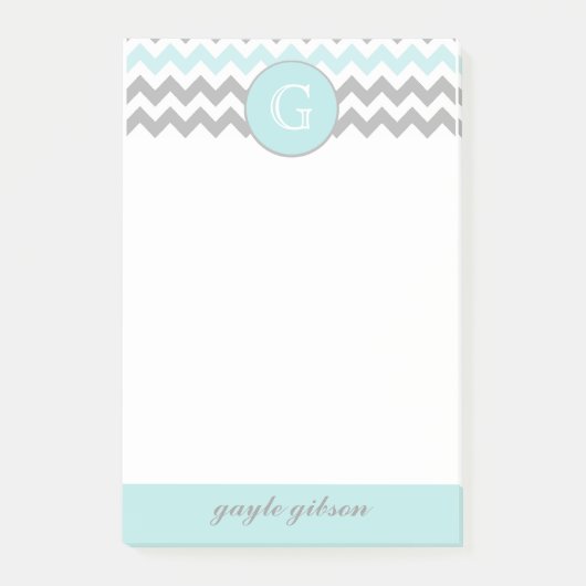 Aqua Gray Chevron Monogram Post-it®メモ ポストイット (正面)