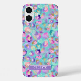 Aqua Iridescent Leopard Print Monogrammed iPhone 16 Plusケース