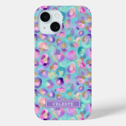 Aqua Iridescent Leopard Print Monogrammed Case-Mate iPhoneケース (裏面)