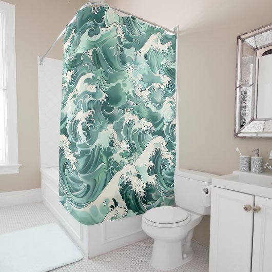 Aqua Japanese Ocean Waves Sea Pattern シャワーカーテン (インサイチュ)