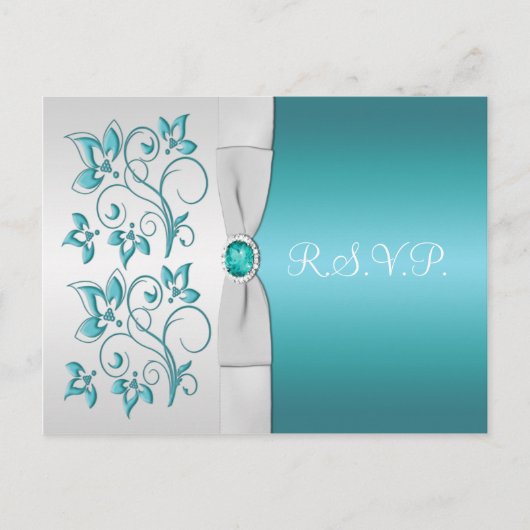 Aqua-marineおよびSilverフローラRSVP インビテーションポストカード (正面)