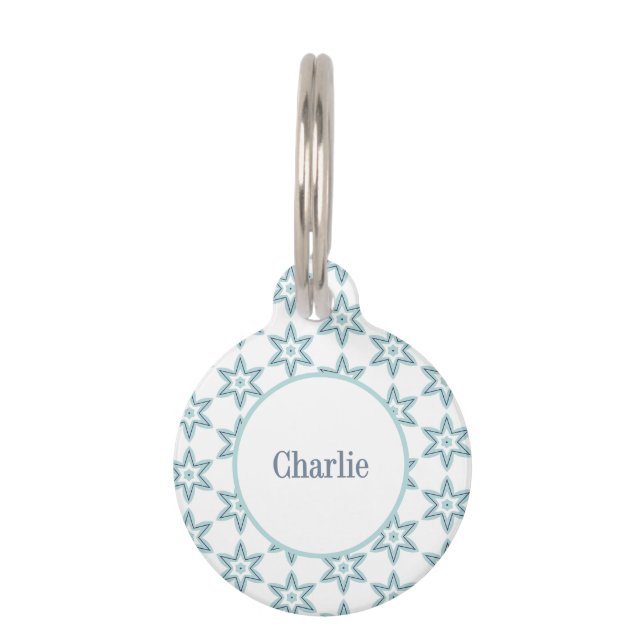 Aqua Mint Blue and White Modern Geometric Stars ペット　ネームタグ (正面)