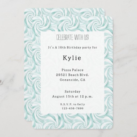 Aqua Mint White Swirls Birthday 招待状 (正面/裏面)