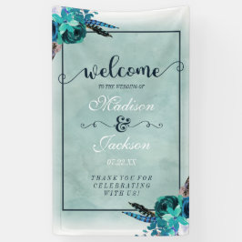 Aqua & Navy Blue Waterカラーフローラ結婚の歓迎 横断幕
