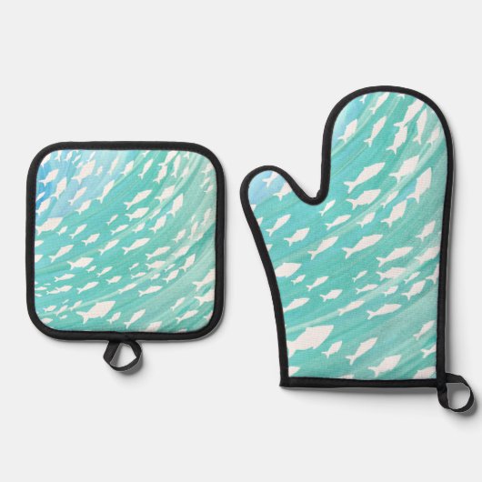 Aqua Ocean Fish Nautical  鍋つかみ&鍋敷きセット (正面)