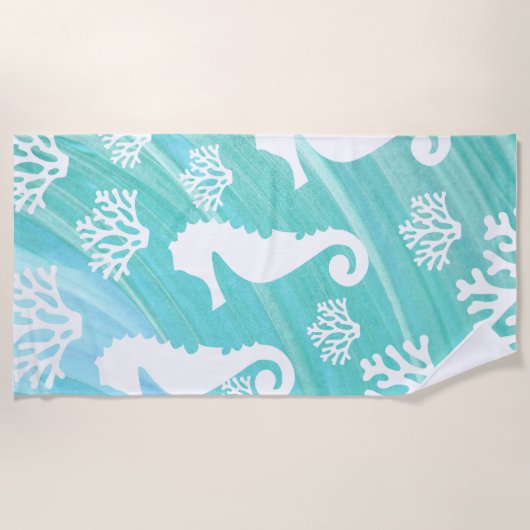 Aqua Ocean Seahorse Coral  ビーチタオル (正面)