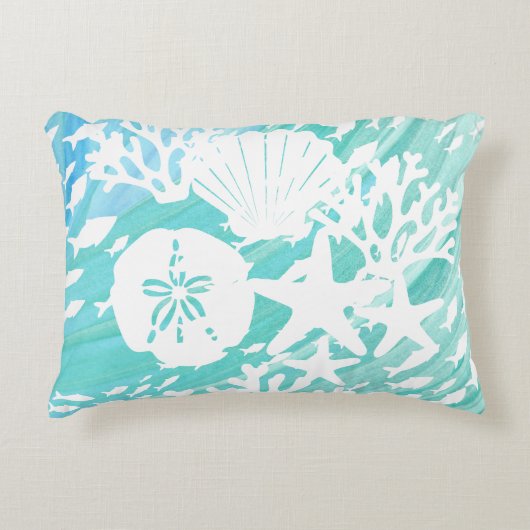 Aqua Ocean Seashells Fish Coral  アクセントクッション (正面)