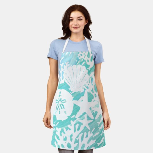 Aqua Ocean Seashells Fish Coral  エプロン (着用した状態)