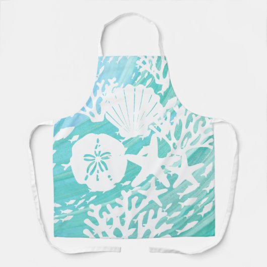 Aqua Ocean Seashells Fish Coral  エプロン (正面)