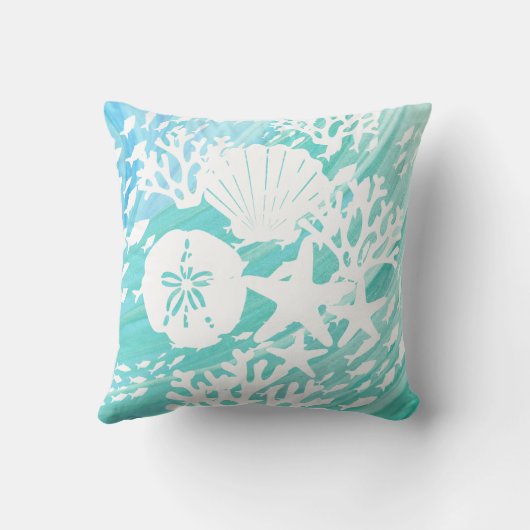 Aqua Ocean Seashells Fish Coral  クッション (裏面)