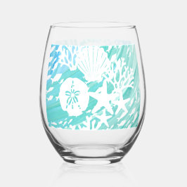 Aqua Ocean Seashells Fish Coral  ステムなしワイングラス