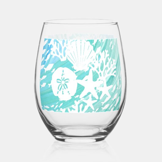 Aqua Ocean Seashells Fish Coral  ステムなしワイングラス (正面)