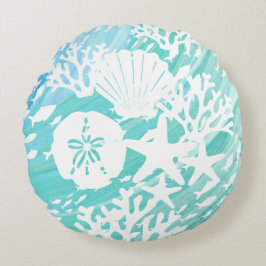 Aqua Ocean Seashells Fish Coral  ラウンドクッション