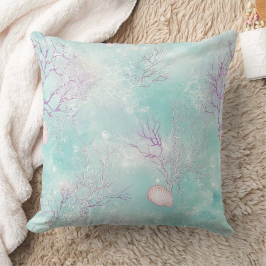 Aqua Ocean Waves & Seashell Pattern (16) クッション (ブランケット)