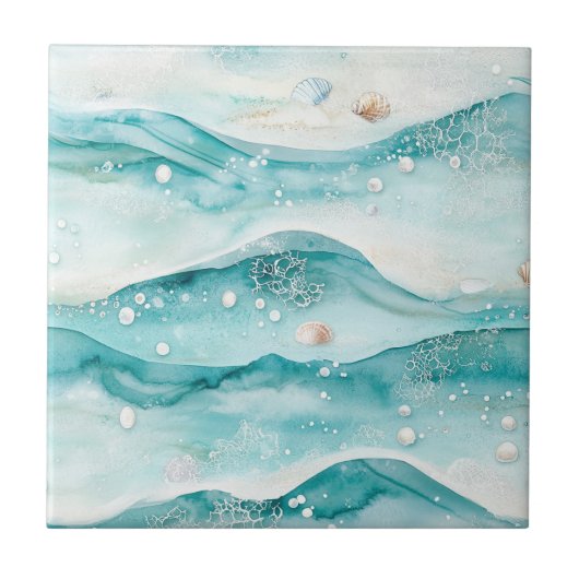 Aqua Ocean Waves & Seashell Pattern (5) タイル (正面)