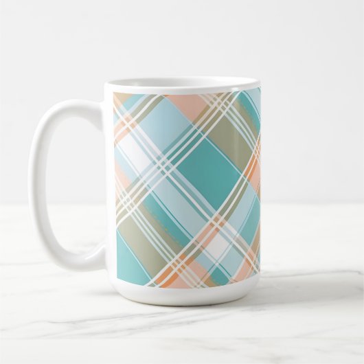 AQUA ORANGE TAN WHITE EASTER PLAID コーヒーマグカップ (左)