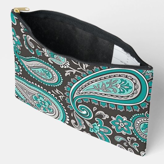 Aqua Paisley Print Cosmetic Bag アクセサリーポーチ (見開き)