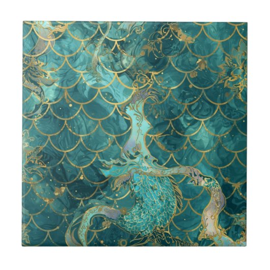 Aqua Pearlescent & Gold Mermaid Scale Pattern  タイル (正面)