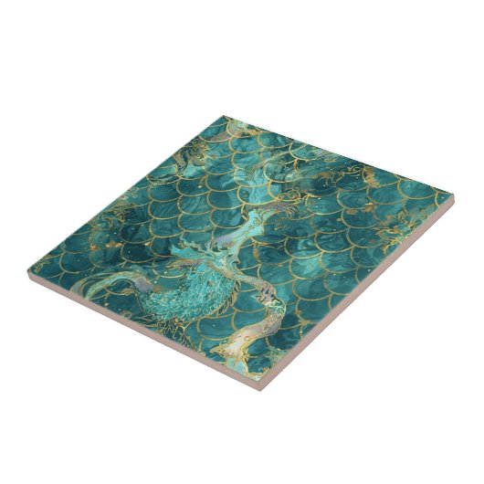 Aqua Pearlescent & Gold Mermaid Scale Pattern  タイル (側面)