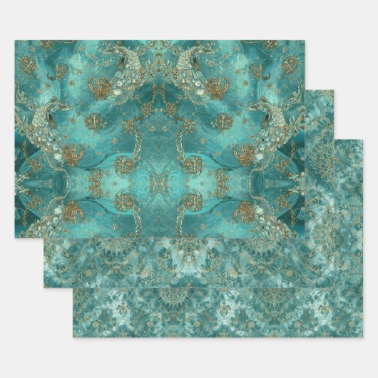 Aqua Pearlescent & Gold Mermaid Scale Pattern  ラッピングペーパーシート (セット)
